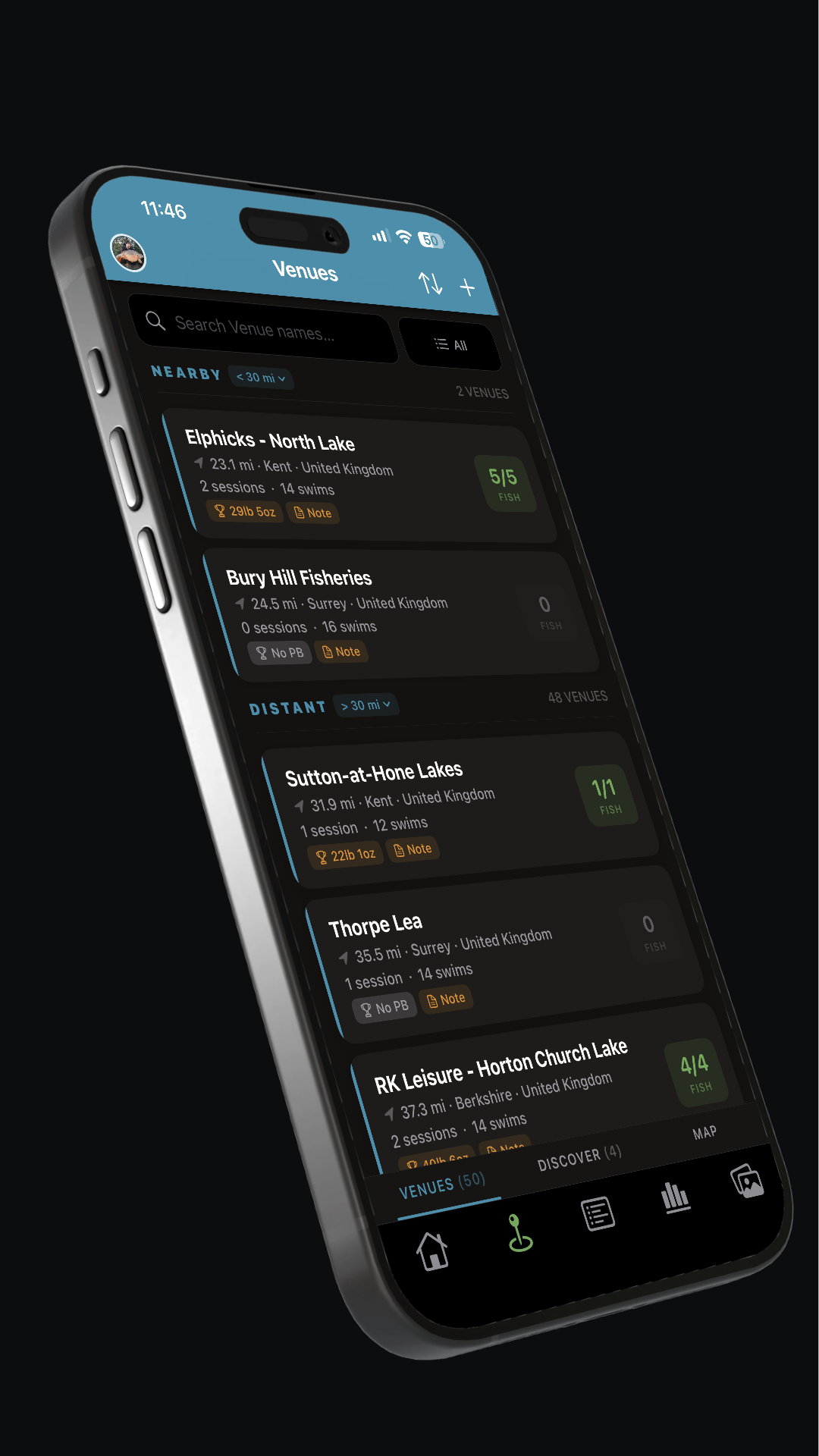 Personal venues list with swims and notes