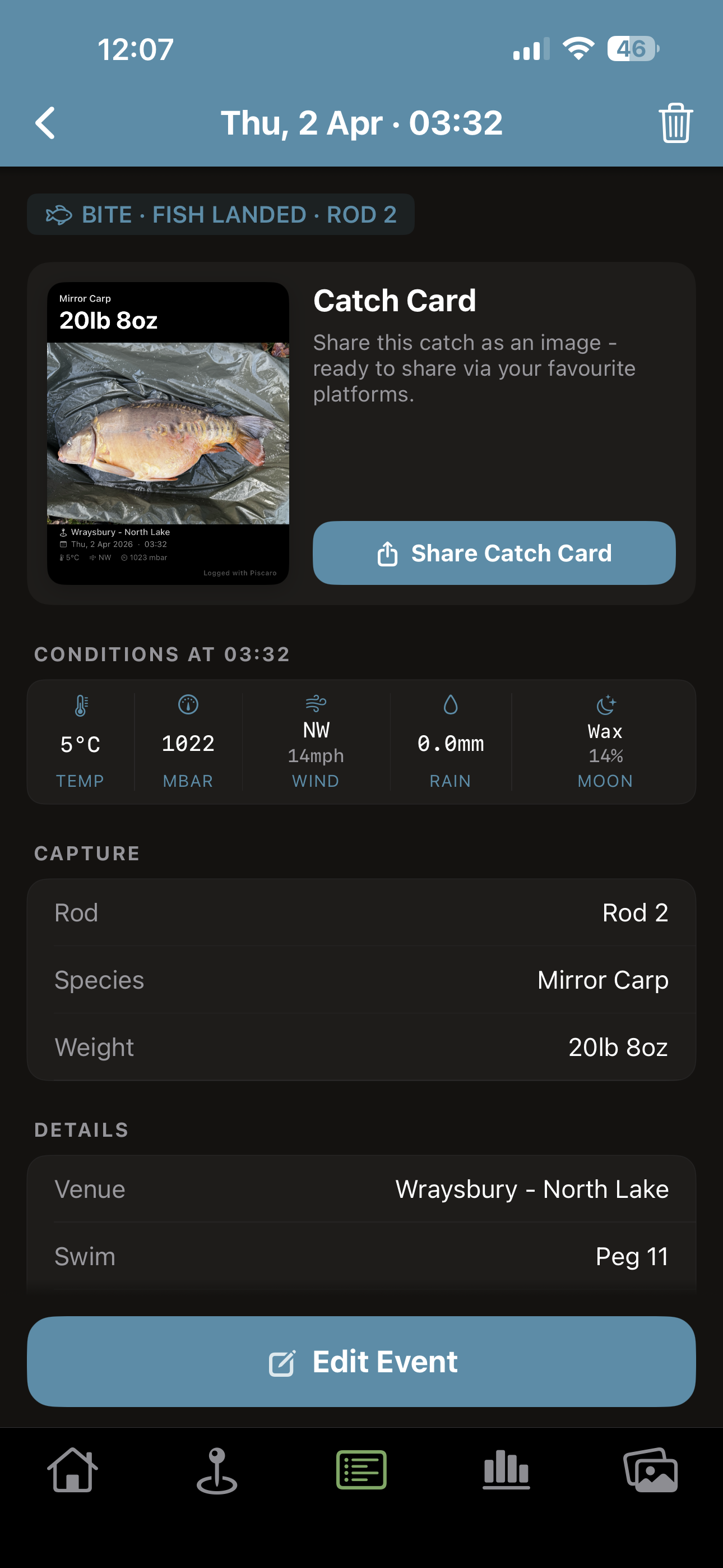 A fish landed entry with weather, pressure and moon phase frozen at the moment of capture