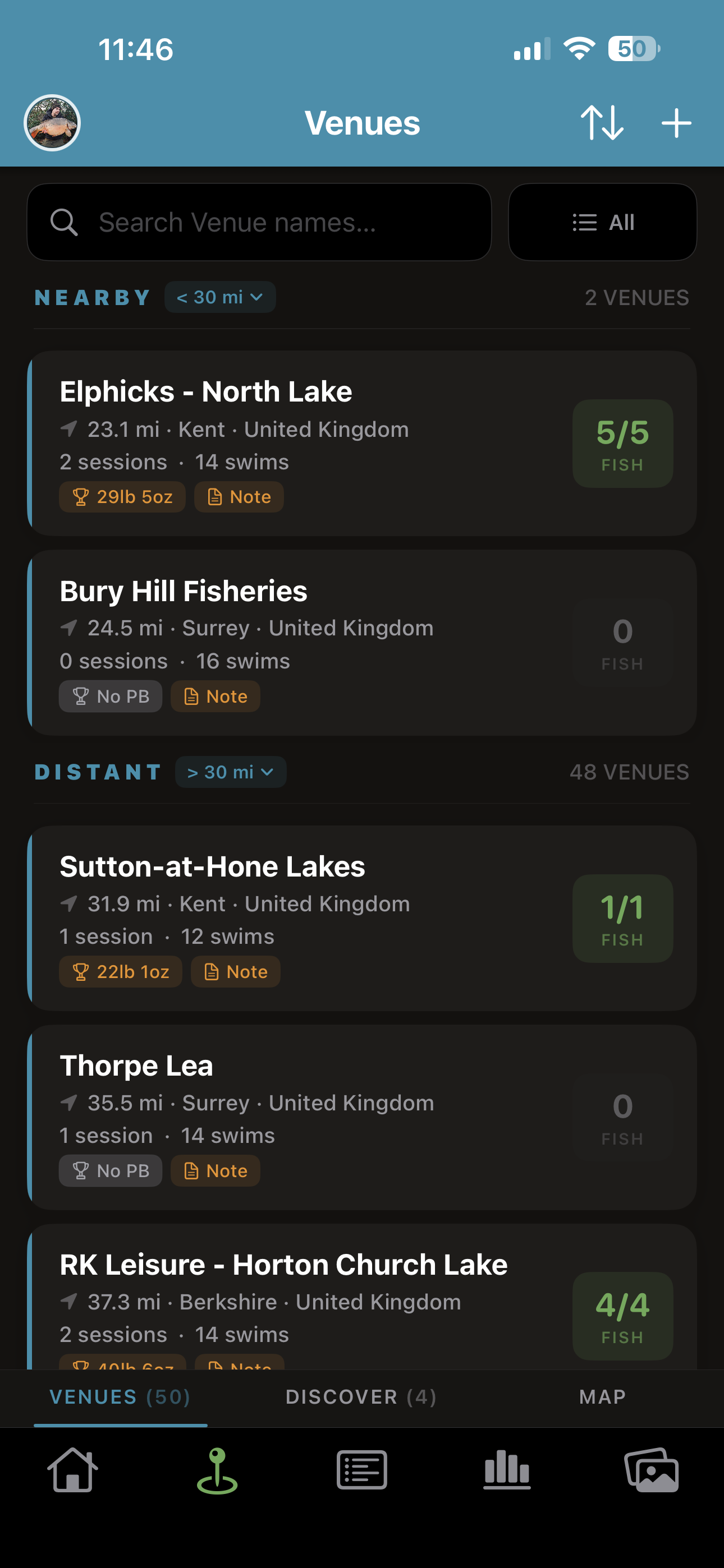 Personal venues list with swims and notes