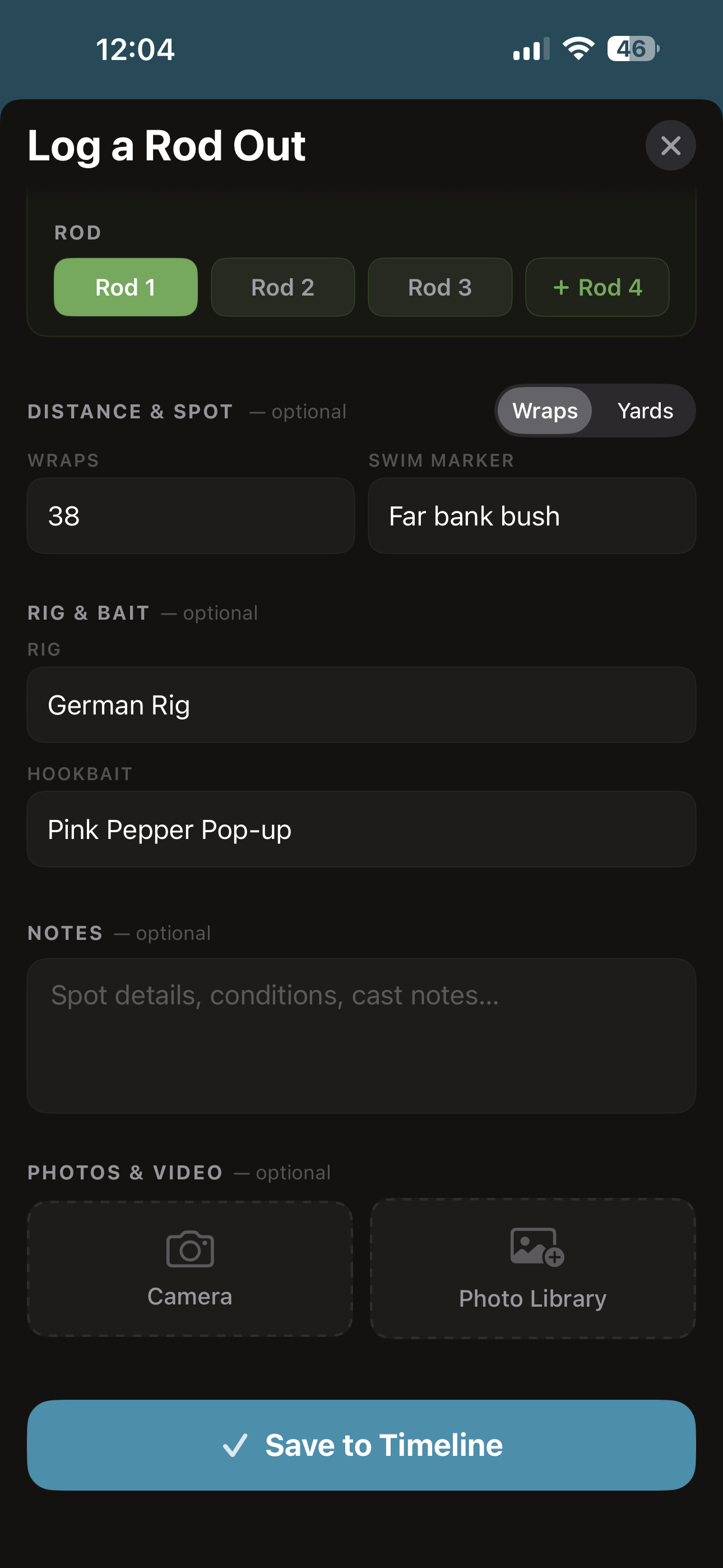 Logging a rod-out: rod number, distance in wraps, swim marker, hookbait and rig