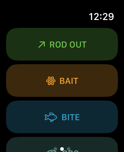 Apple Watch action menu — Rod Out, Bait, Bite, Observation, Note, Move